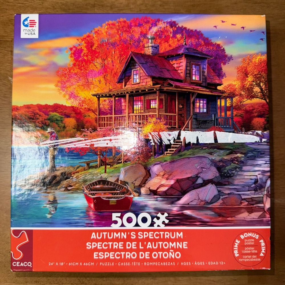 Ceaco Autumns Spectrum 500 Piece Jigsaw Puzzle Cabin Lake Fall Scenery 24x18